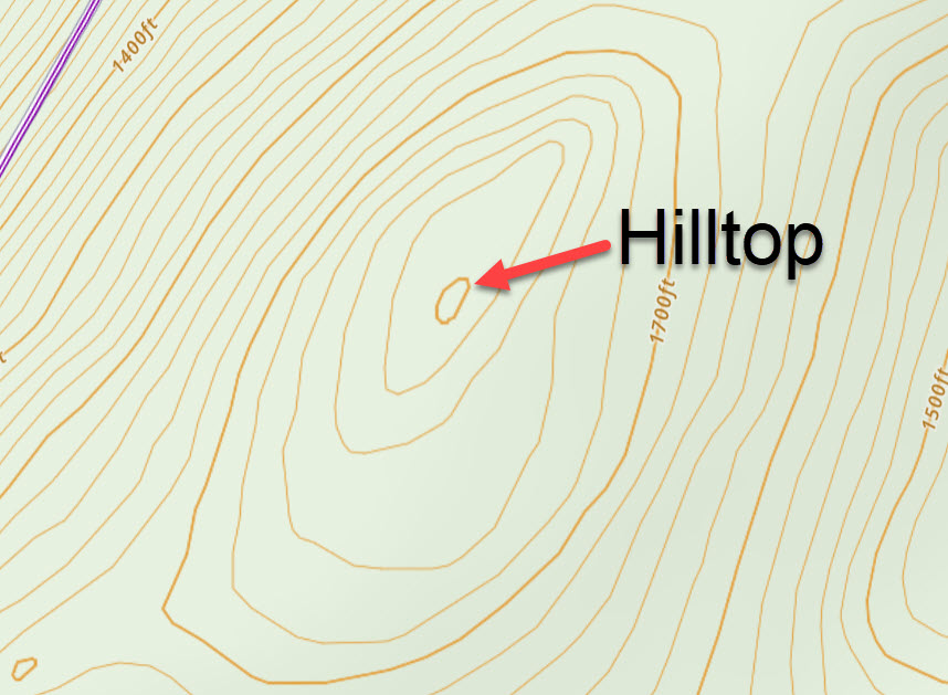 A hill with a hilltop identified on a topo map