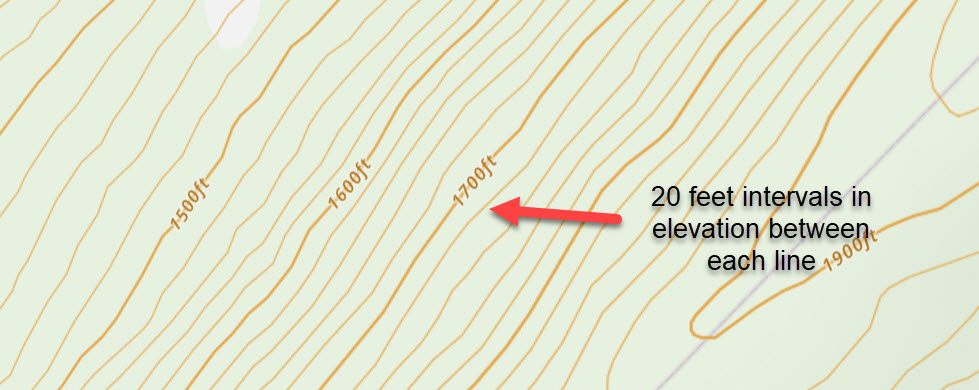 Contour line intervals of 20 feet as shown on a topographic map