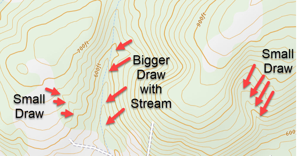 Different size "draws" as shown on a topographic map