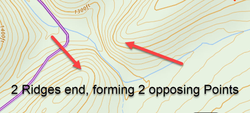 Spurs that can sometimes be called "Points" formed by opposing ridgelines on a map