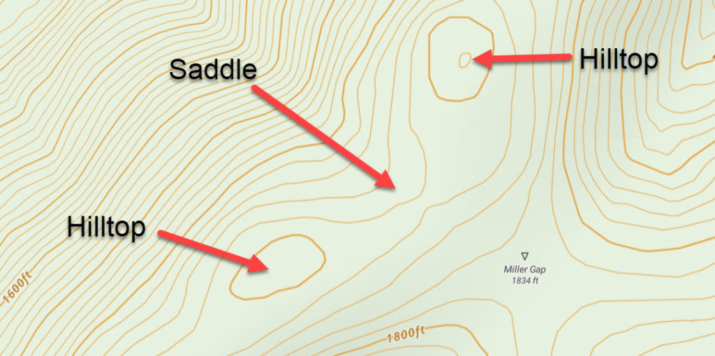Saddle with opposing hilltops and varying elevations on a topographic map