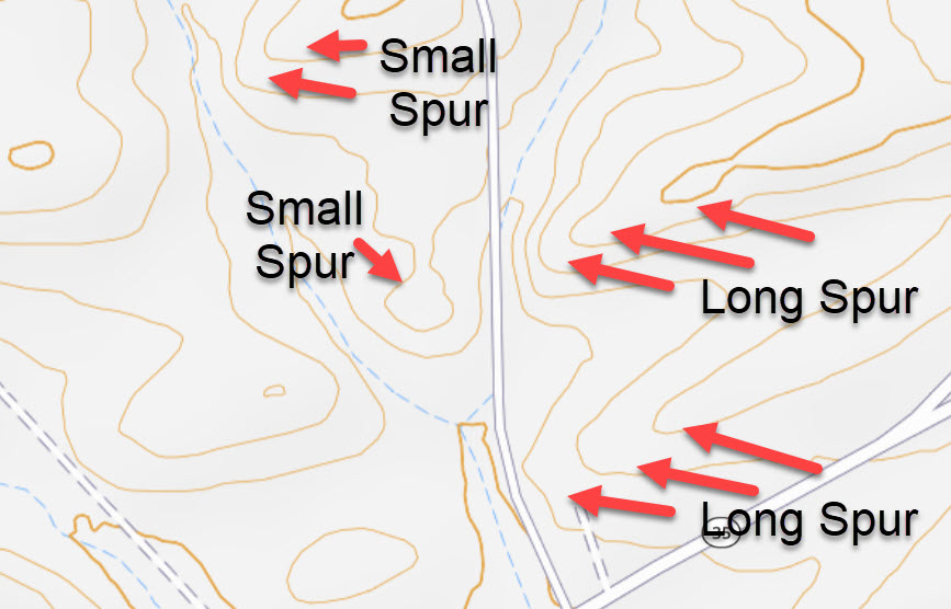 Multiple "Spurs" surrounded by "draws" on a topo map