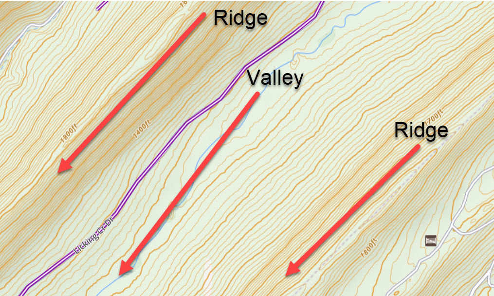 Valley with opposing Ridgelines on a topographic map