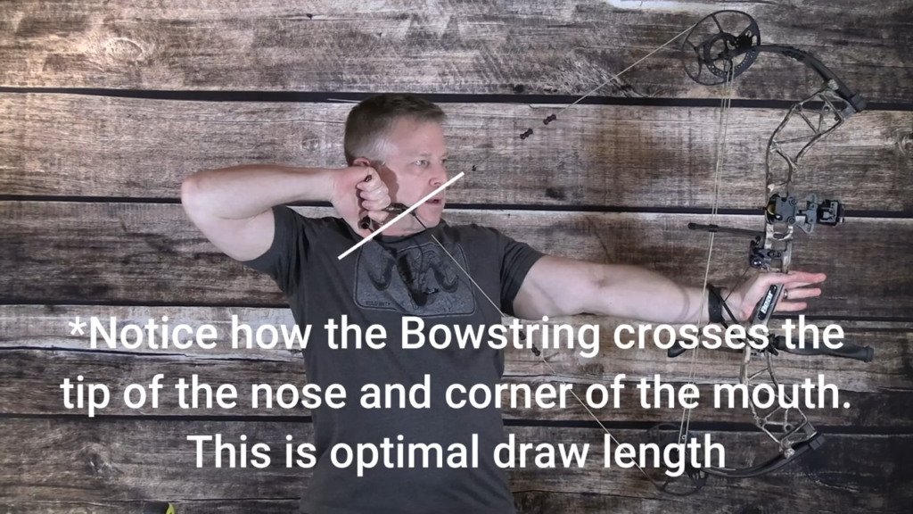 Bowstring positioning should be across the corner of your mouth with the tip of your nose touching the bowstring for perfect draw length. This is what you will get using the draw length calculator here.