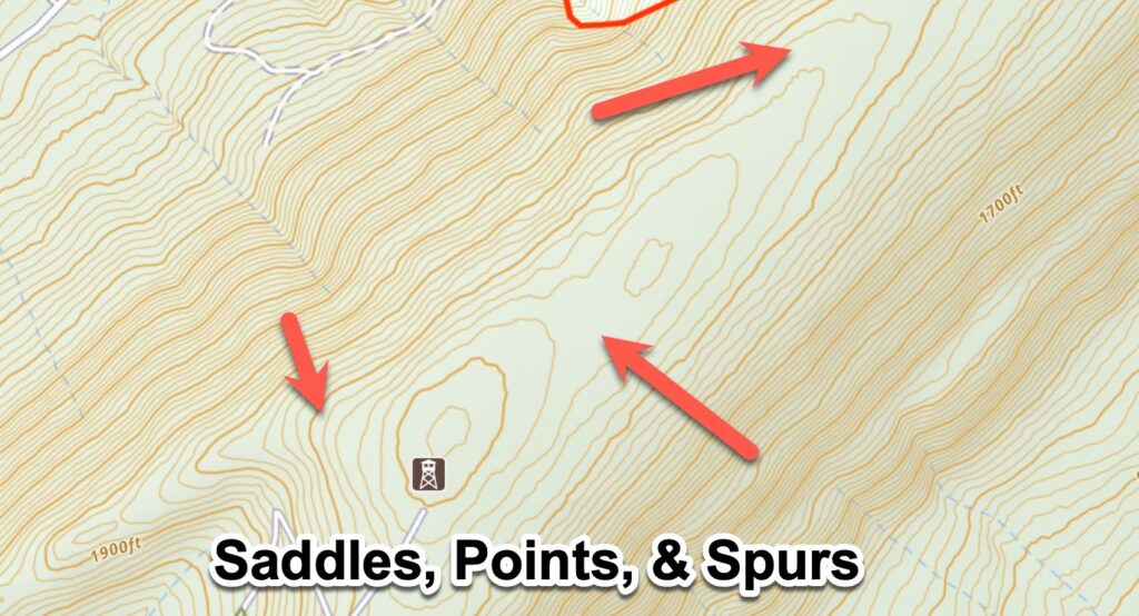 Saddles, Points, and Spurs on a topographic map for buck bedding.