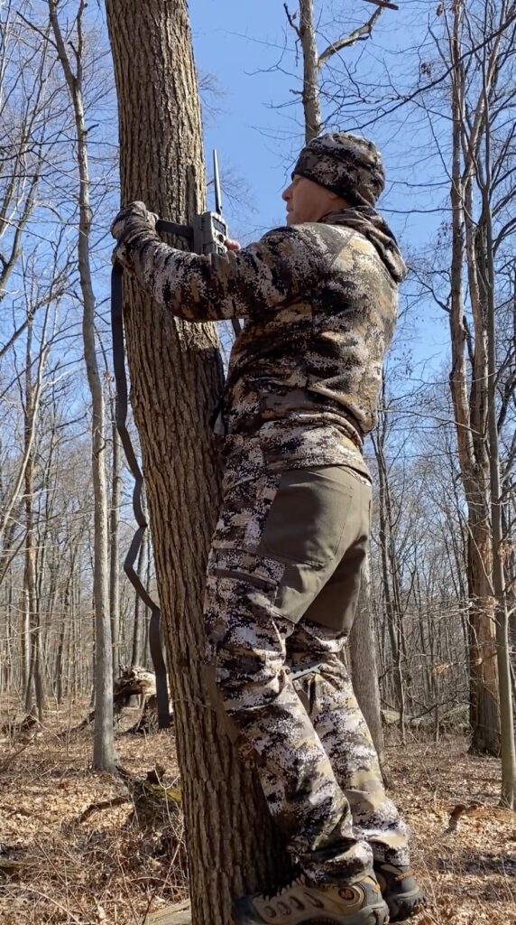 In this picture I am mounting a cell trail camera to a tree.