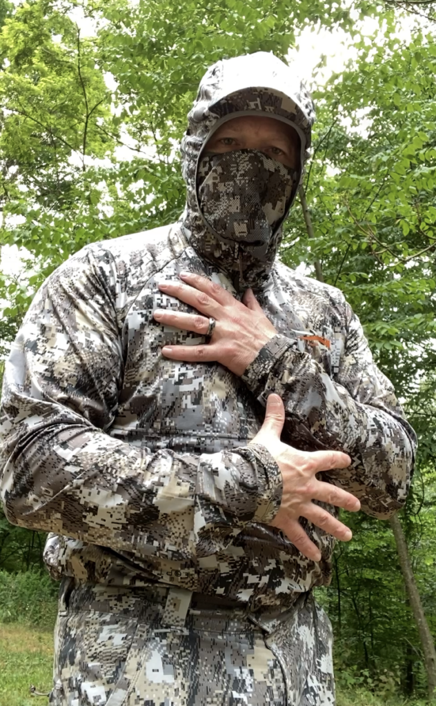 Wearing the entire system while conducting the Sitka Equinox Hoody and Pants Review.