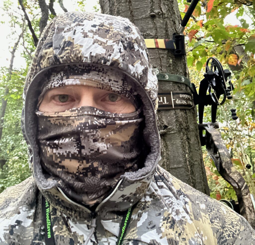 SItka Ambient Hoody Review (me saddle hunting in the rain in early October) and wearing the Elevated II camo for treestand hunting.
